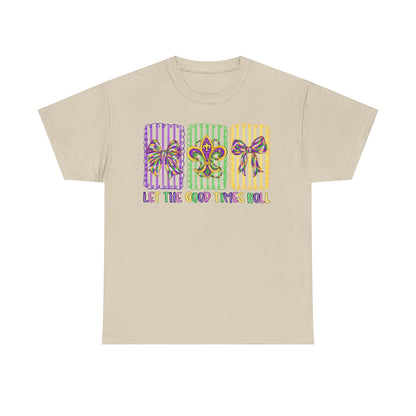 Mardi Gras Gildan T-Shirt – 'Let The Good Times Roll' Mask & Beads Design
