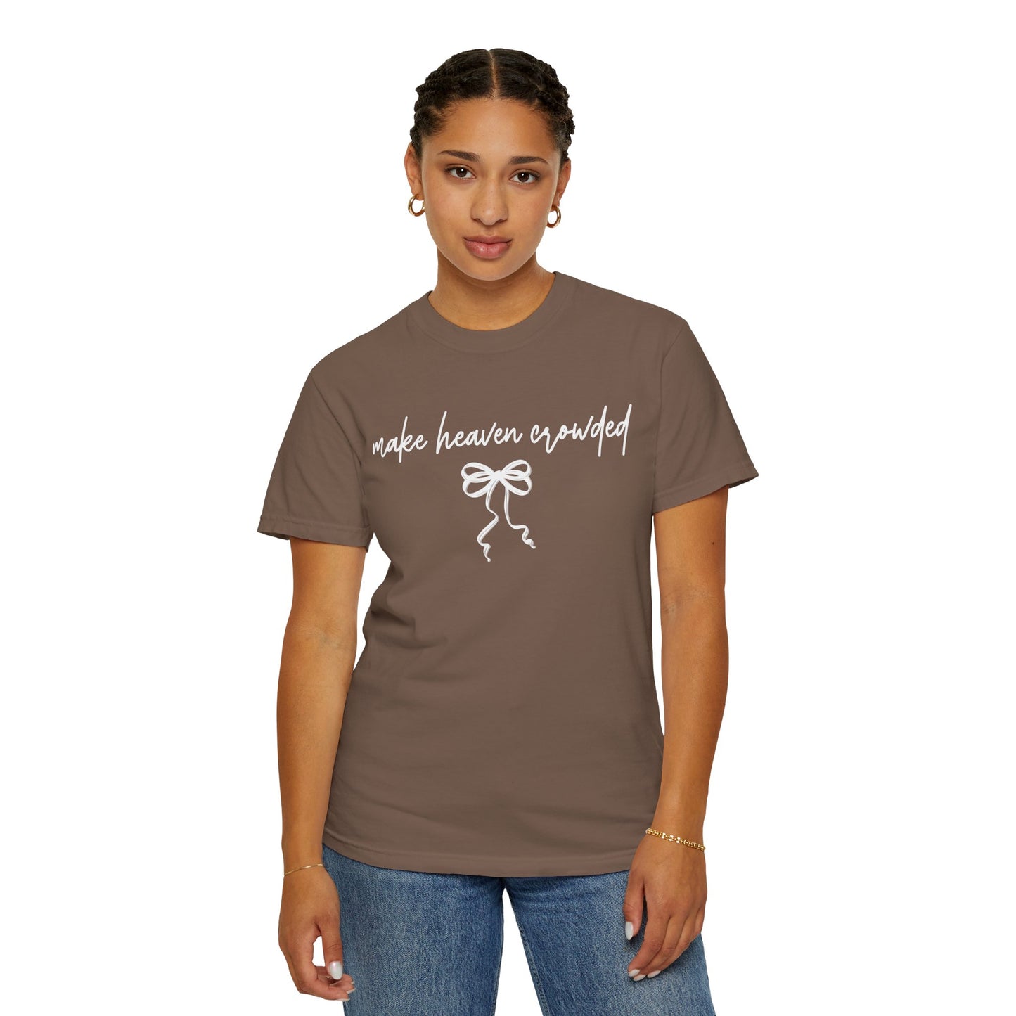 Make Heaven Expedited T-Shirt — Vintage Brown Script Bow Tee on Comfort Color Brand