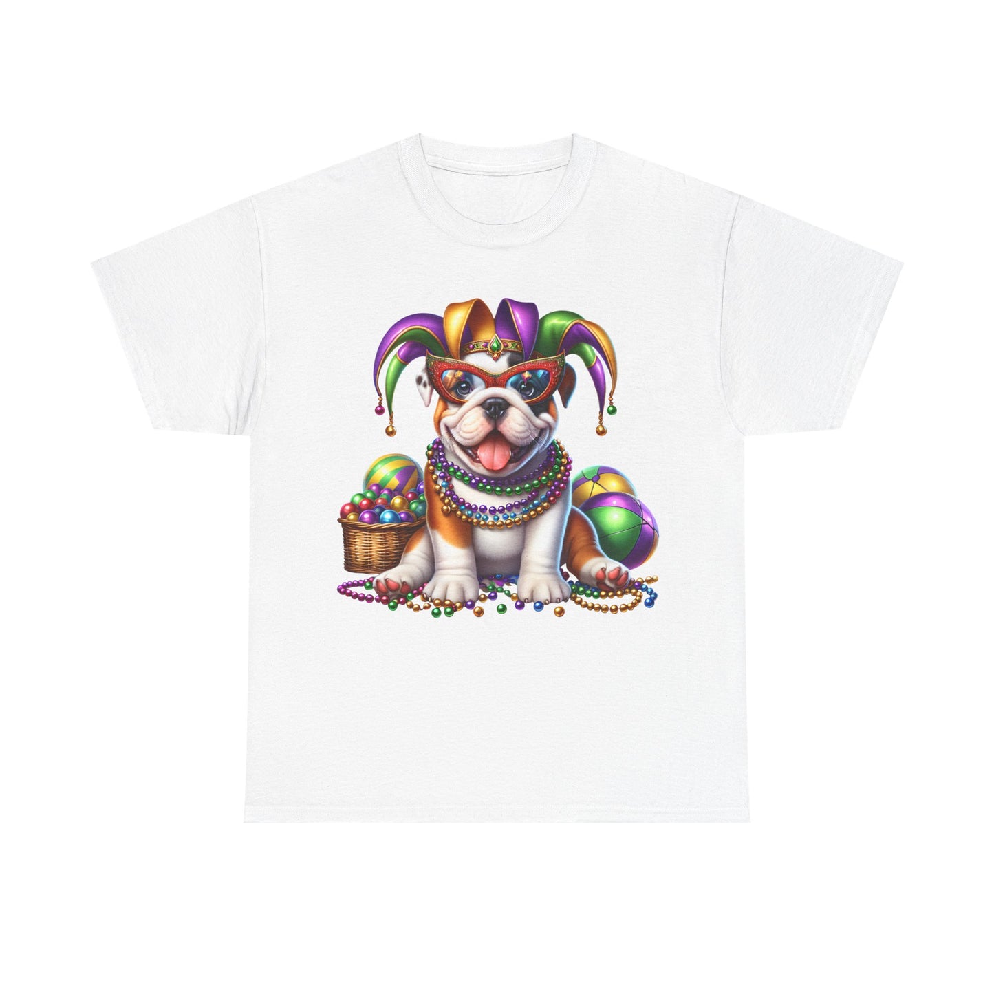 Mardi Gras Bulldog T-Shirt — Jester Dog with Beads & Masks on a Gildan Shirt