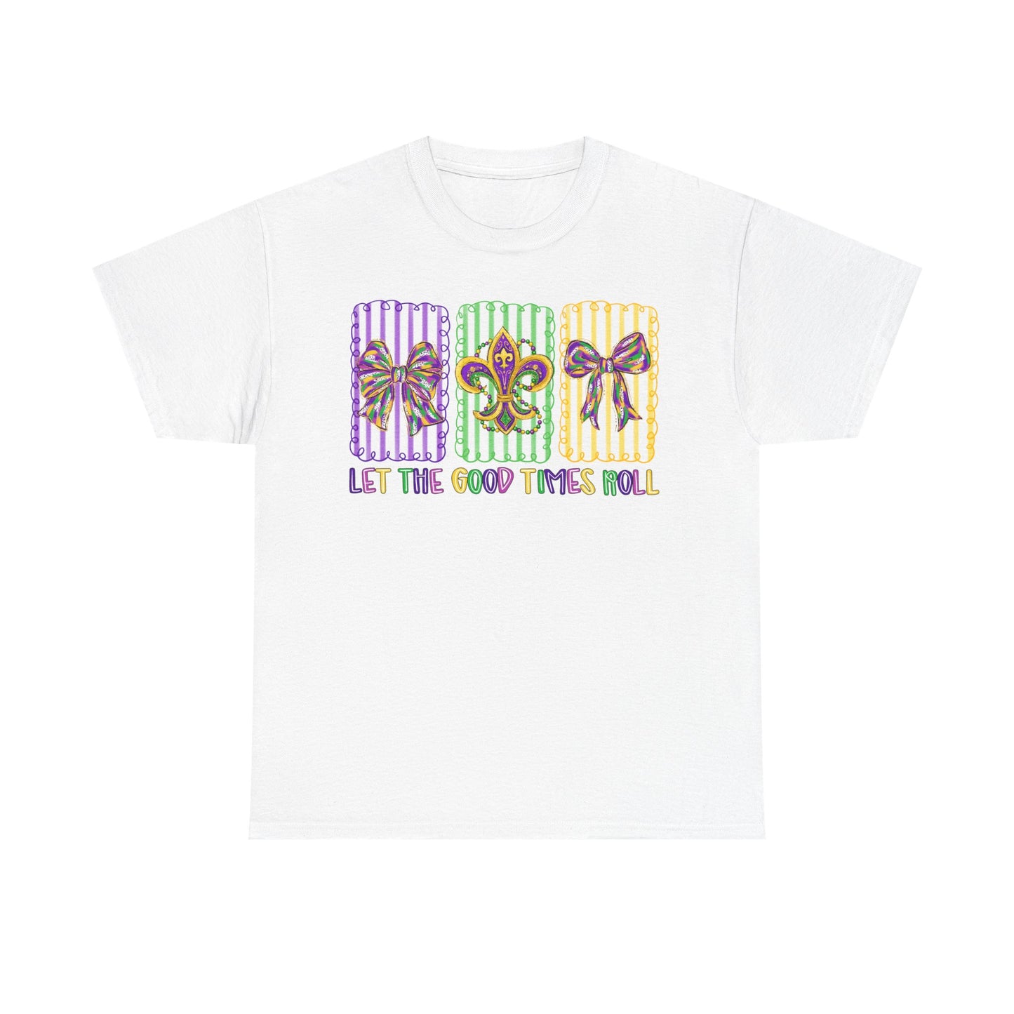 Mardi Gras Gildan T-Shirt – 'Let The Good Times Roll' Mask & Beads Design