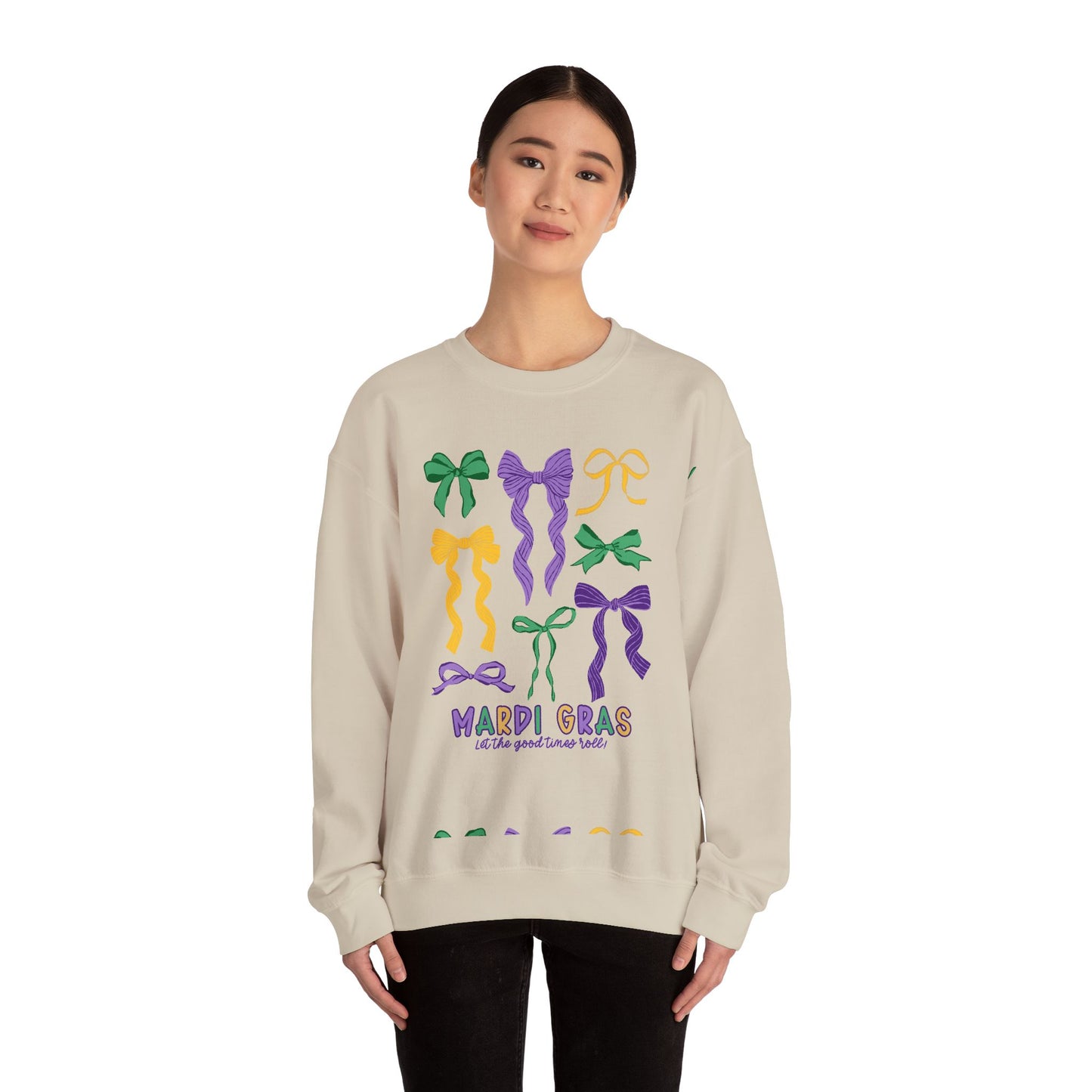 Mardi Gras Croquette Bow on a Gildan Sweatshirt