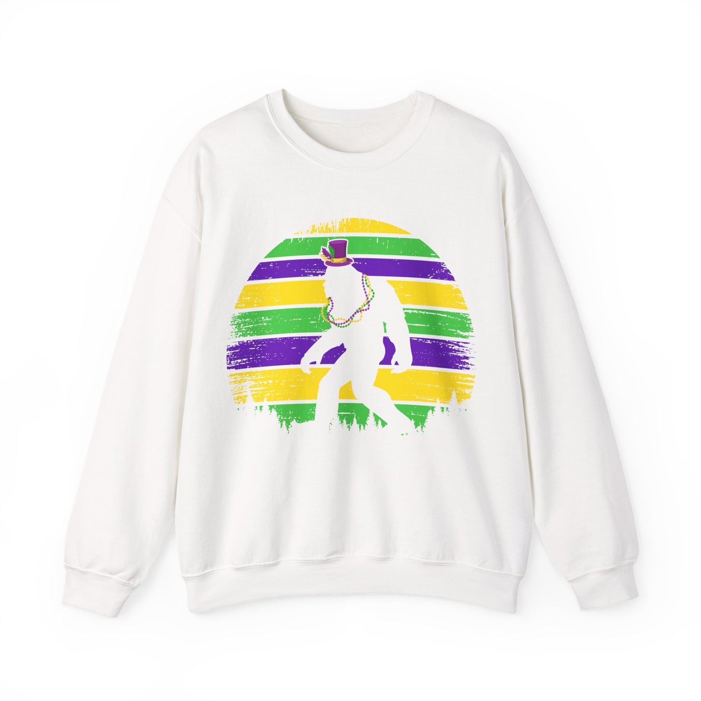Mardi Gras Bigfoot Sasquatch on a Gildan Sweatshirt