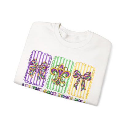 Mardi Gras Gildan Crewneck Sweatshirt – 'Let The Good Times Roll' Mask & Beads Design