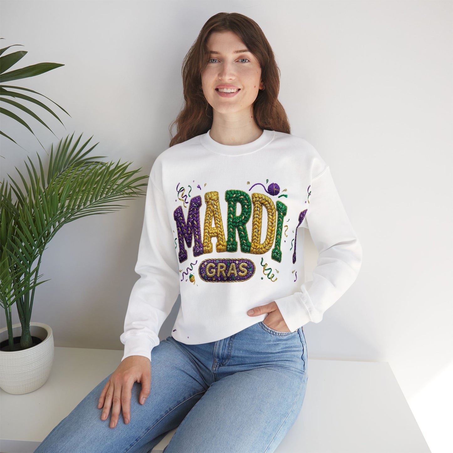 Mardi Gras Faux Yarn Design on a Gildan Sweatshirt