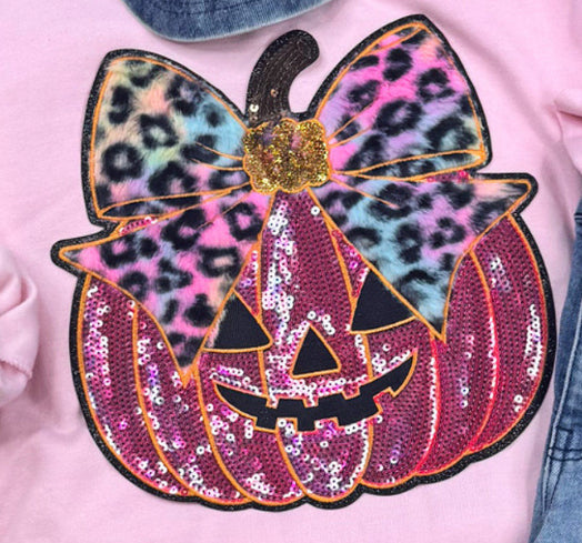Youth Pink Sequins Pumpkin With Leopard Bow Patch