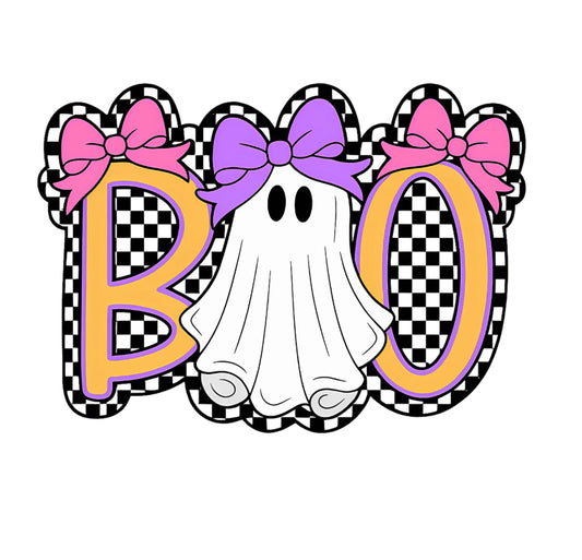 Checkered Background Boo Ghost W/Bow (Youth)
