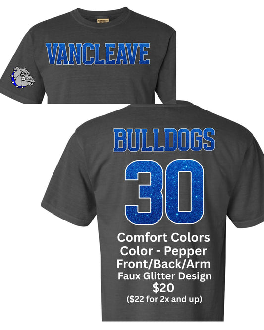 Custom Vancleave Bulldogs Shirt with Custom Number done with Faux Glitter - Comfort Colors or A4 Brand T-Shirt